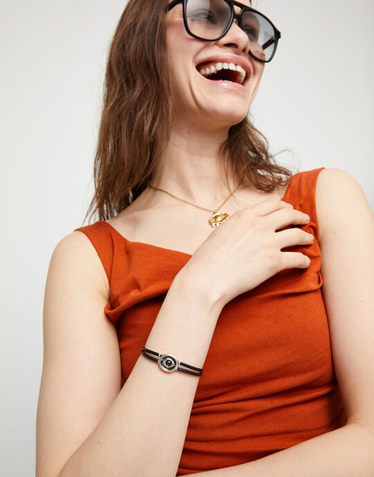 Double black leather birthstone bracelet with eye, Silver, large