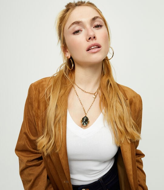 Long necklace with gray oval faceted crystal, Golden, large