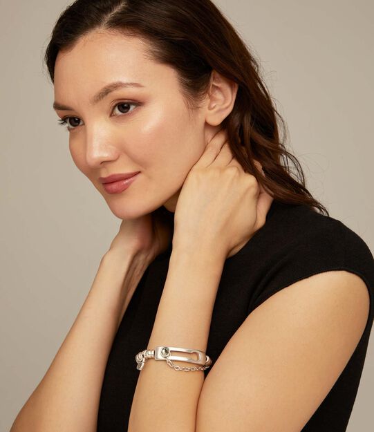 Beaded stretch bracelet with a central link, Silver, large