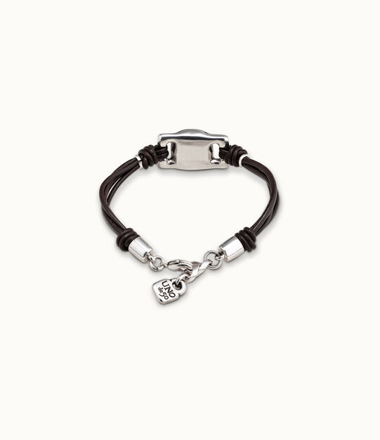 Brown leather bracelet with rectangular blue bead, Silver, large