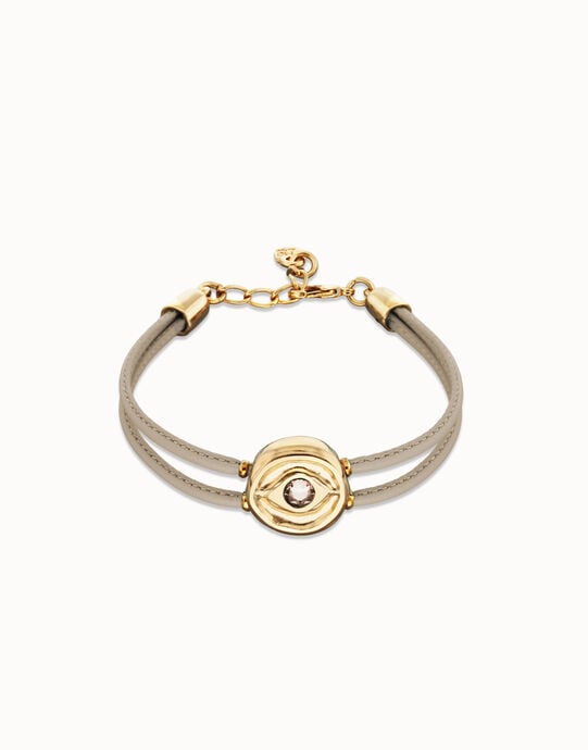 Pulsera doblede cuero marfil con ojo ba&ntilde;ado en oro 18k