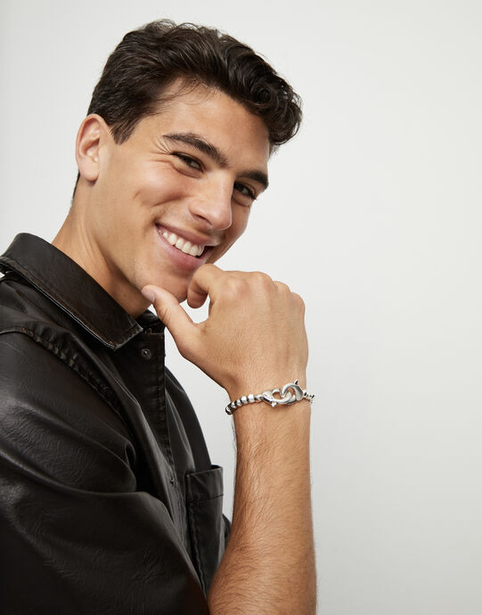 Beads bracelet with interlocking carabiner, Silver, large
