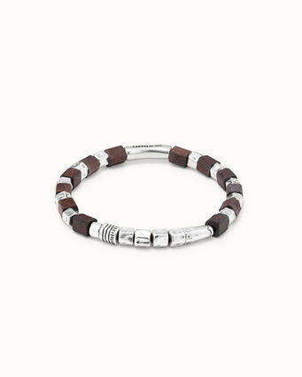 Bracciale in cuoio con elementi placcati argento Sterling e perline di legno