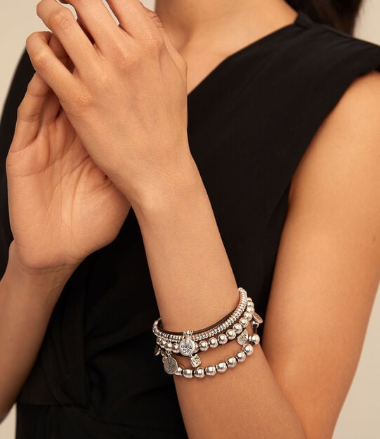 Leather beaded bracelet with charms, Silver, large