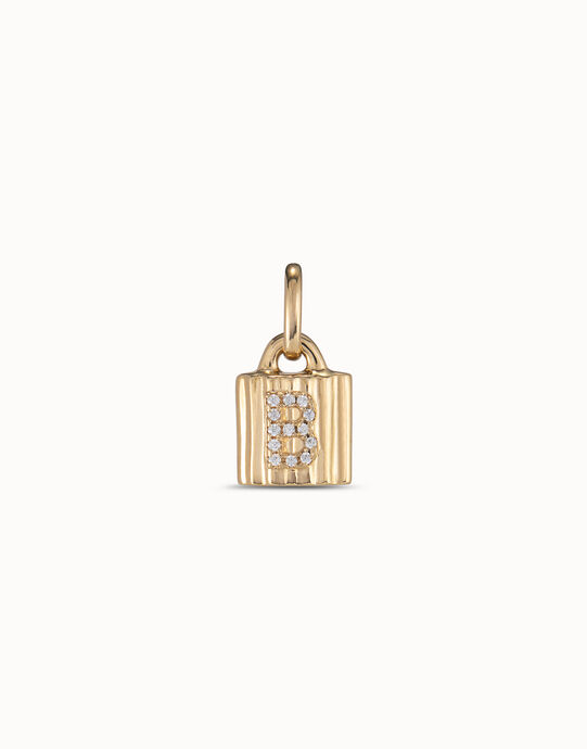 Charm candado ba&ntilde;ado en oro de 18K ley con letra de topacios B