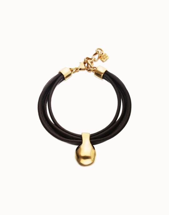 Pulsera de cuero con esfera ba&ntilde;ada en oro 18k