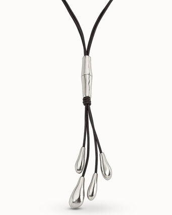 Sterling silver-plated long leather whip necklace with 2 tubules and 4 fringes with drops