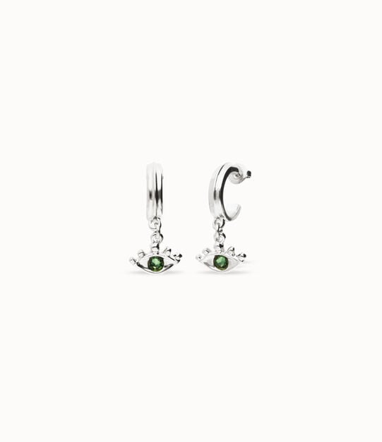 Boucles d’oreille en anneau plaquées argent en forme d'œil avec cristal à facettes vert
