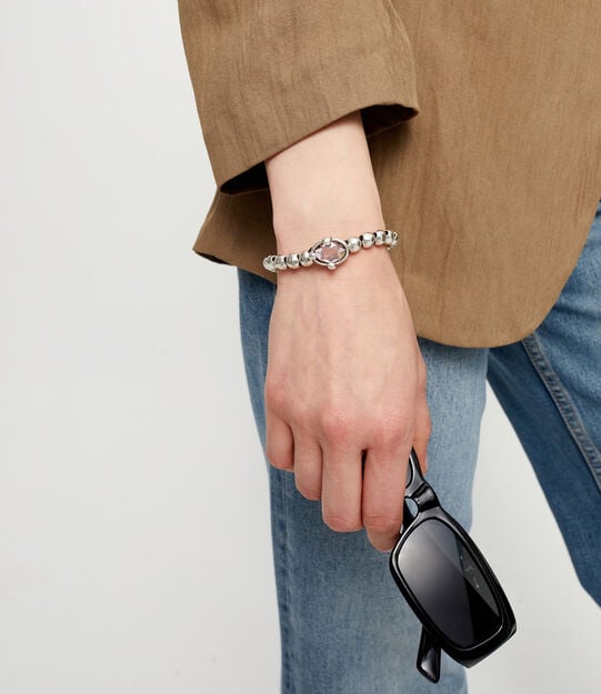 Pulsera de bolas ba&ntilde;ada en plata con cristal facetado ovalado rosa, Plateado, large