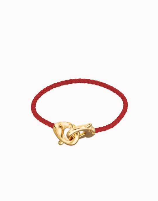 Pulsera de cuero rojo con mosquet&oacute;n entrelazado en oro