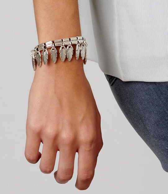 Leather bracelet with feathers, Silver, large
