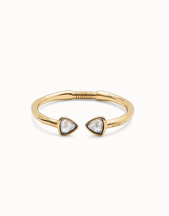 Pulsera r&iacute;gida fina ba&ntilde;ada en oro 18k con dos cristales facetados multicolor