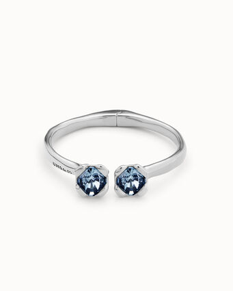 Bracelet rigide plaqué argent avec ressort intérieur et deux cristaux bleus