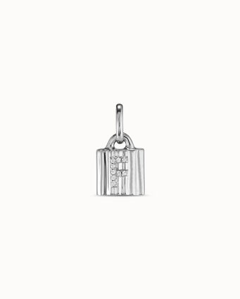 Sterling silver-plated padlock charm with topaz letter F