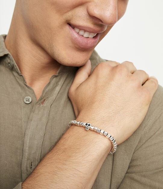 Bracelet &eacute;lastique avec perles en argent et cr&acirc;ne, Argent, large