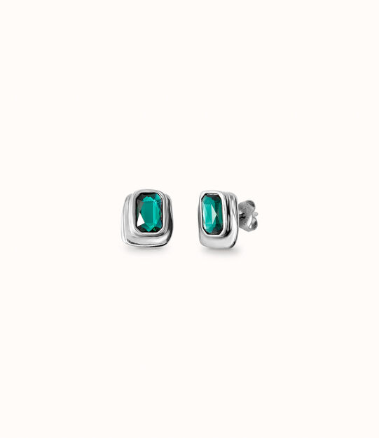 Rectangular sterling silver-plated earrings with green crystal