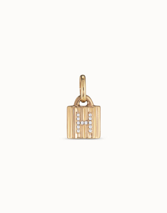 Charm candado ba&ntilde;ado en oro de 18K ley con letra de topacios H