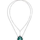 Collier double plaqu&eacute; argent avec pendentif central en cristal facett&eacute; vert en forme de goutte