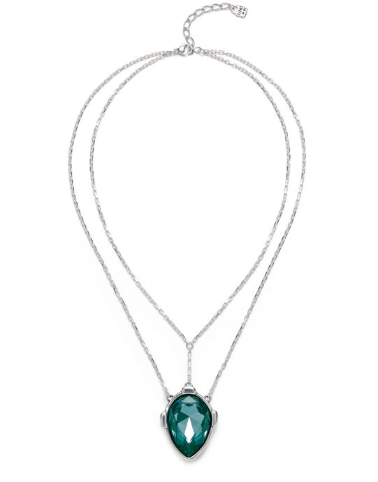 Collier double plaqu&eacute; argent avec pendentif central en cristal facett&eacute; vert en forme de goutte