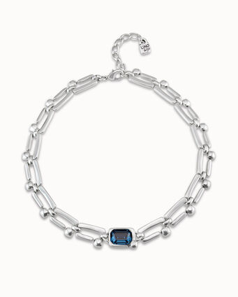 Sterling silver-plated short necklace with rectangular nail shaped links and blue crystal