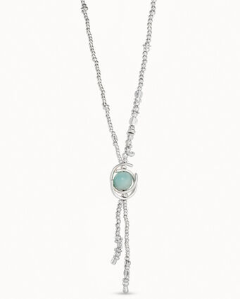 Sterling silver-plated whip necklace with double moon bead and amazonite bead