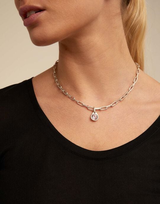 Charm with a pink crystal, Silver, large