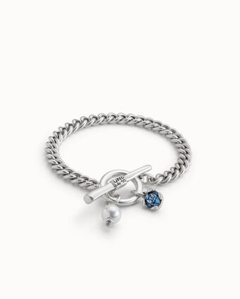 Bracelet plaqué argent avec perle et cristal bleu.