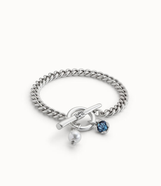 Sterling silver-plated cuben link bracelet with pearl and blue crystal
