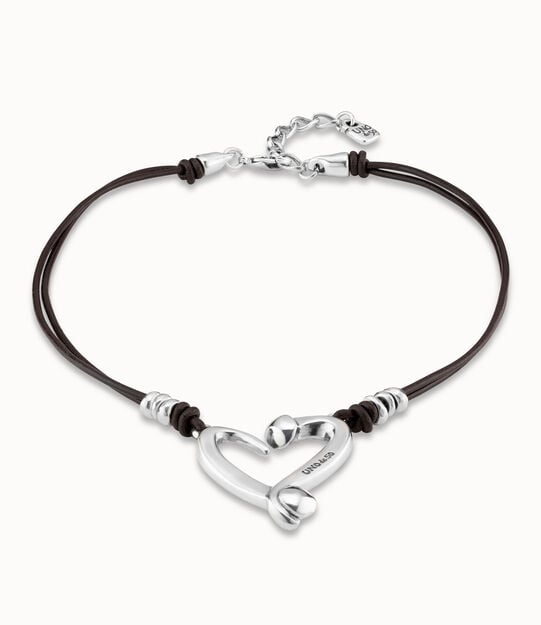 Short leather necklace with a heart, Silver, large
