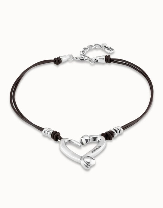 Short leather necklace with a heart, Silver, large