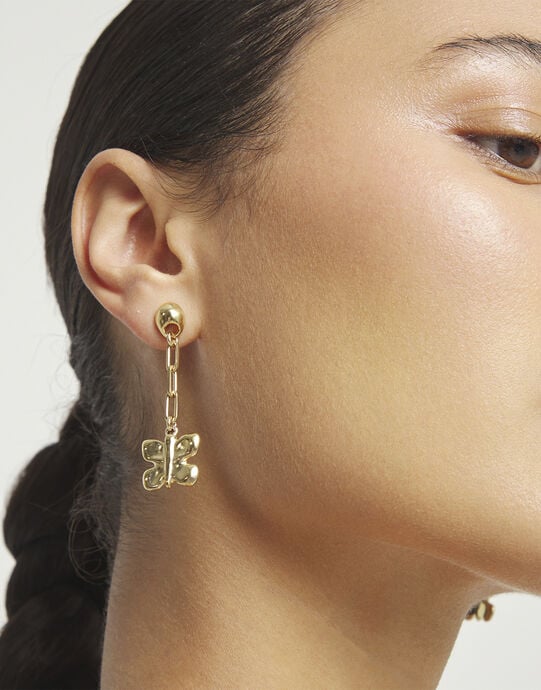 Drop earrings with a butterfly-shaped ornament, Golden, large