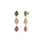 Long earrings with three multicoloured drop-shaped faceted crystals