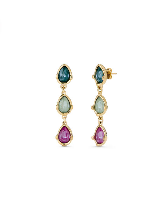 Boucles d&rsquo;oreilles longues plaqu&eacute;es or 18 carats avec trois cristaux facett&eacute;s multicolores en forme de goutte