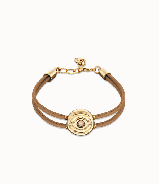 Pulsera doble de cuero crema con ojo bañado en oro 18k