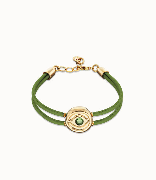 Pulsera doble de cuero verde con ojo bañado en oro 18k