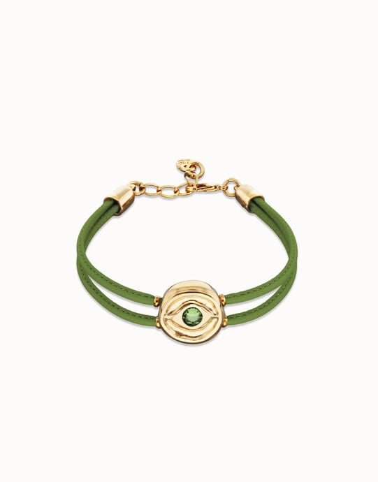 Double green leather birthstone bracelet with eye