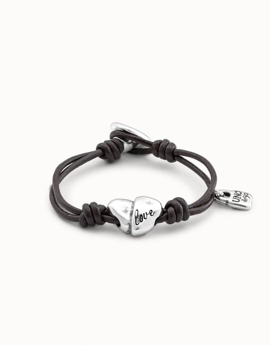 Pulsera de cuero con coraz&oacute;n ba&ntilde;ada en plata de ley