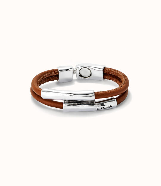 Pulsera doble cuero camel con dos tubos bañada en plata de ley