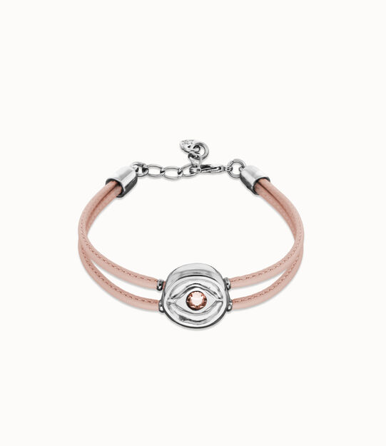 Pulsera doble de cuero rosa con ojo bañado en plata de ley
