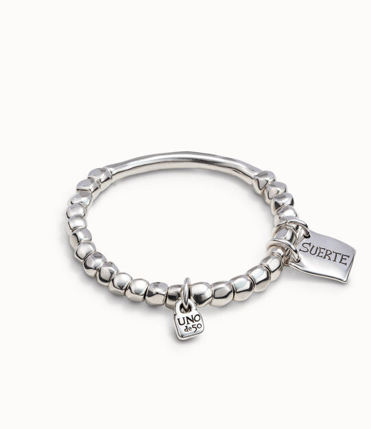 Pulsera de cuentas, pieza tubular y chapa con mensaje bañado en plata