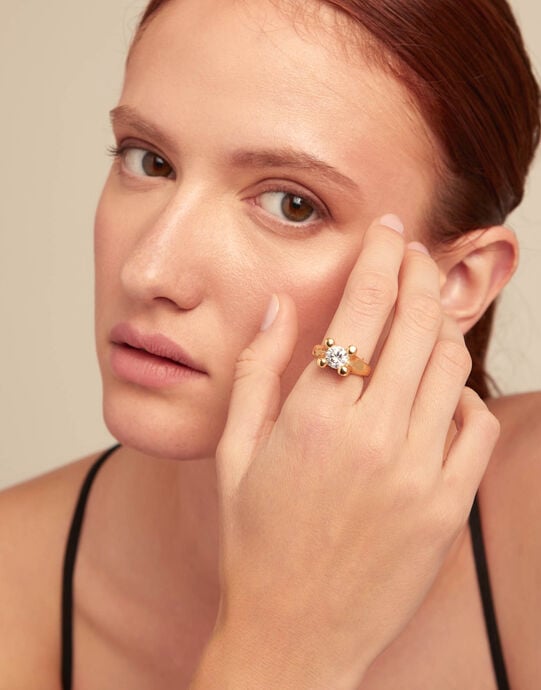 Double white zirconia ring, Golden, large