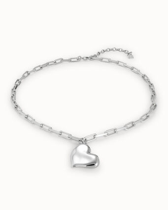 Sterling silver-plated short necklace with medium sized link chain and medium sized heart