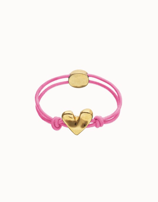 Pulsera de hilo el&aacute;stico rosa con coraz&oacute;n ba&ntilde;ado en oro 18k