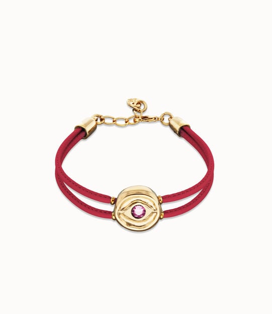 Pulsera doble de cuero fucsia con ojo bañado en oro 18k