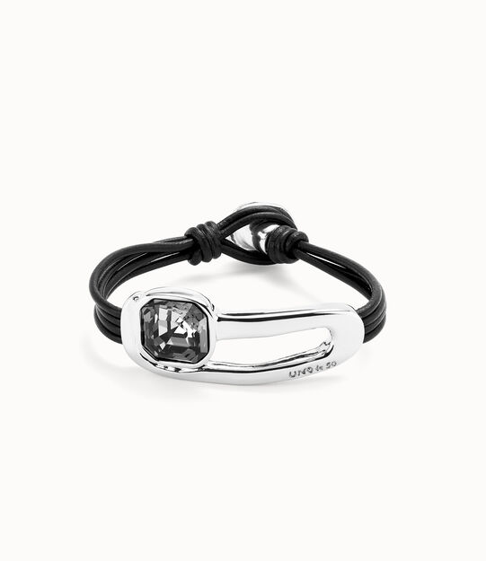Pulsera de cuero bañada en plata de ley y cristal facetado negro