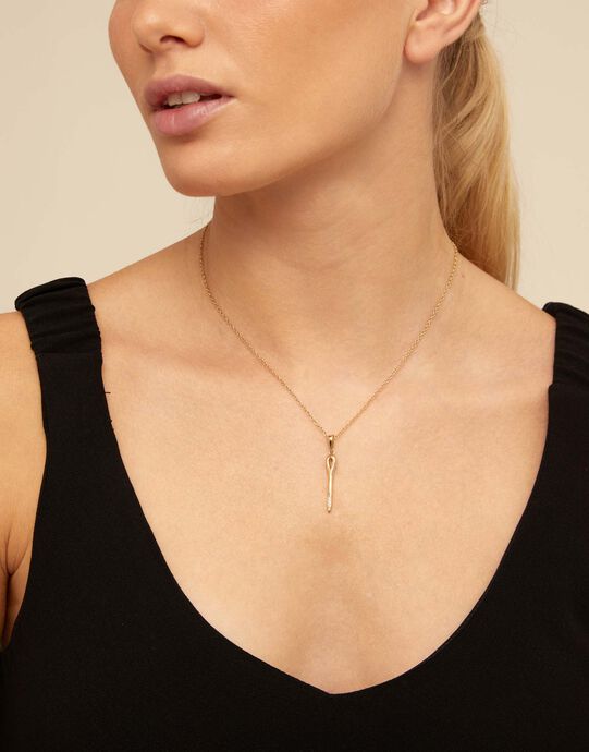 Long chain pendant necklace  with needle, Golden, large