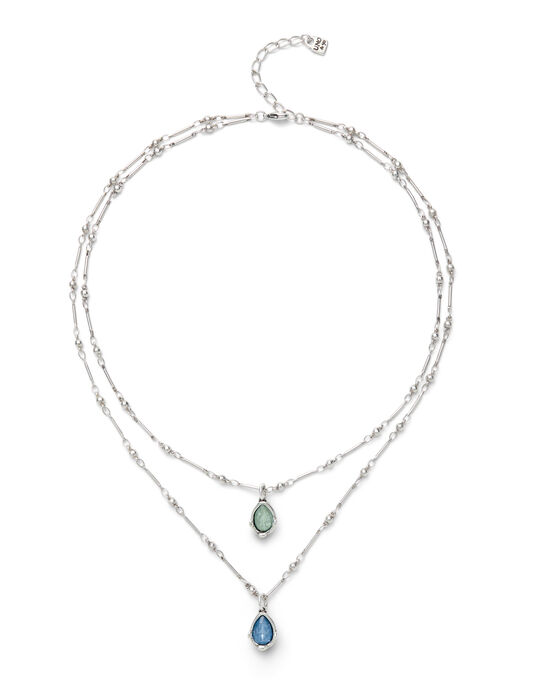 Double necklace with two blue drop-shaped faceted crystals