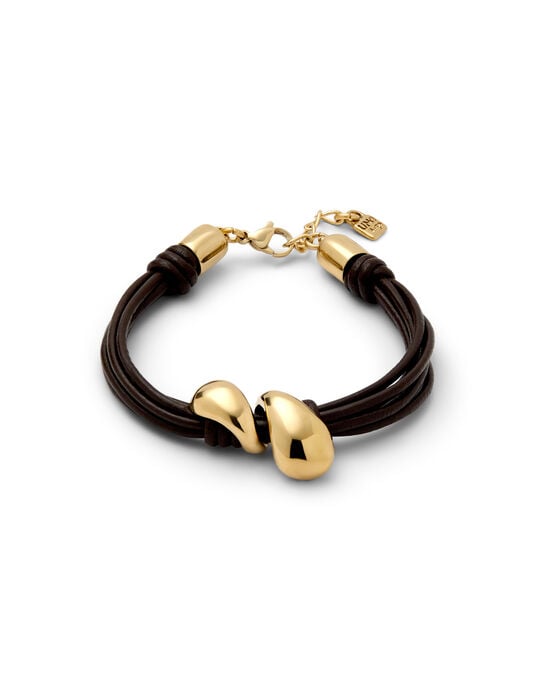 Pulsera en cuero con dos gotas ba&ntilde;adas en oro