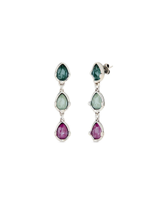 Boucles d&rsquo;oreilles longues plaqu&eacute;es argent avec trois cristaux facett&eacute;s multicolores en forme de goutte