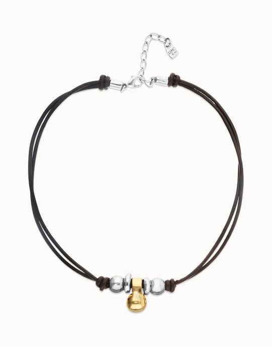 Collar de cuero con tres esferas ba&ntilde;adas en mix de plata y oro 18k